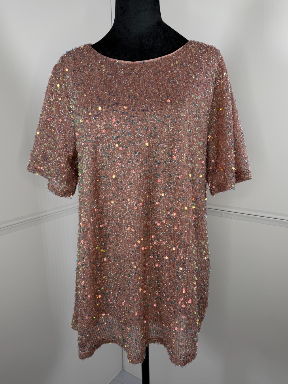 JODIFL Rose Gold Sequin Tunic Top Party Holiday Glam Size Medium